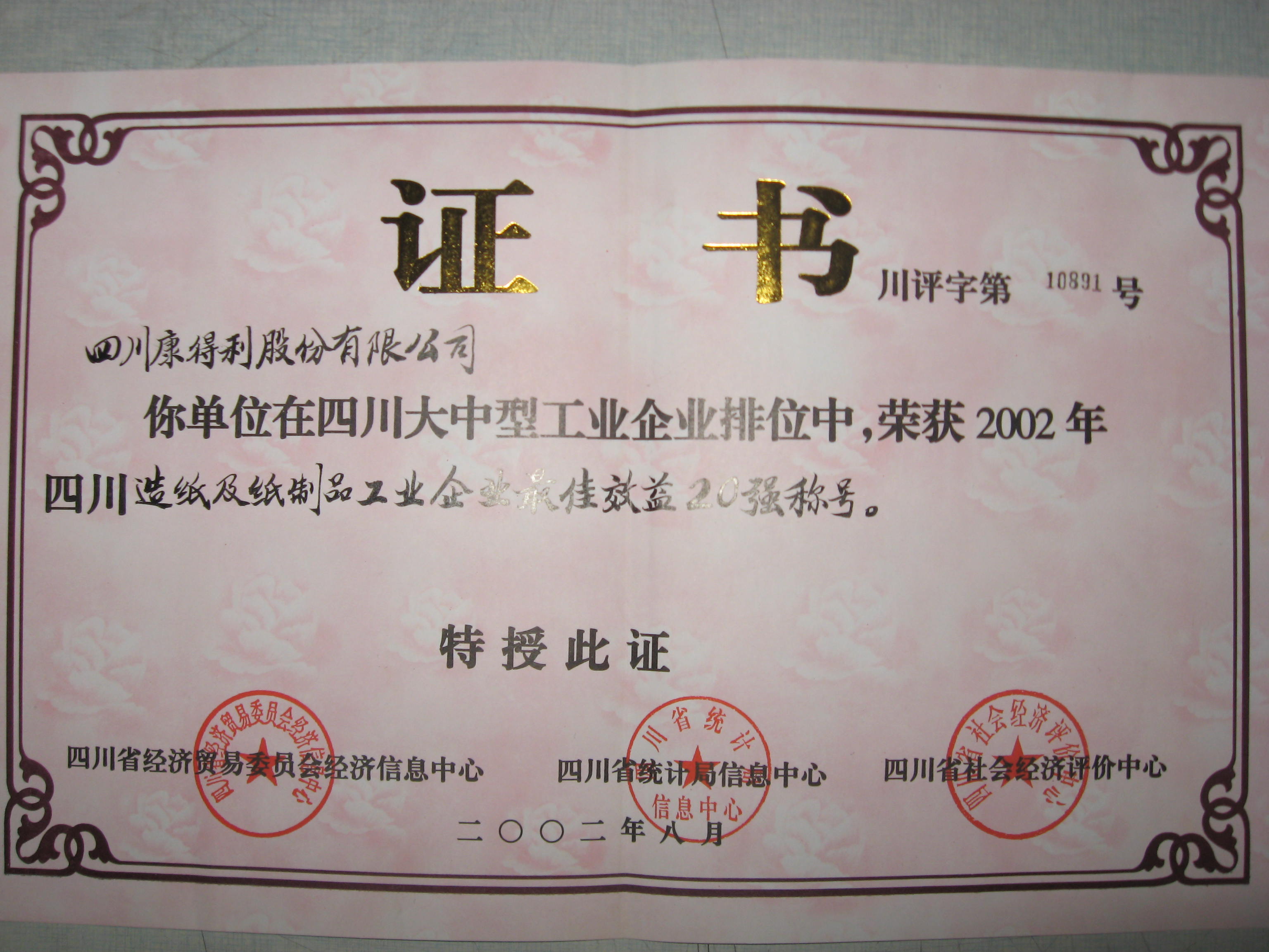 2002四川造紙及紙制品工業企業最佳效益20強